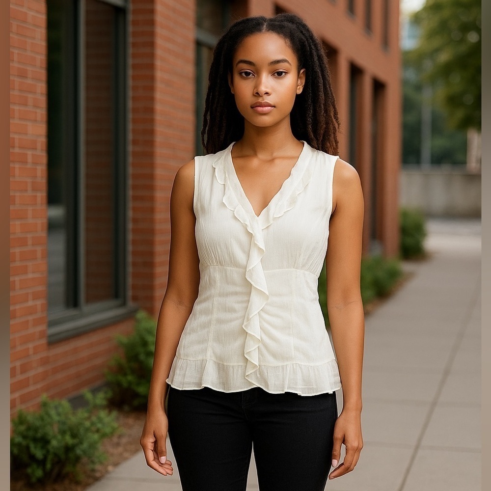 WD-NY 100% Silk Cream Whimsical Sleeveless Ruffle Blouse Women’s Size M